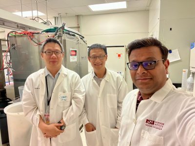 Sean Lui, Weinan Leng, and Bipin Lade discuss the use of optical fiber technology for PFAS degradation at ASU's Biodesign Institute, NCI-SW