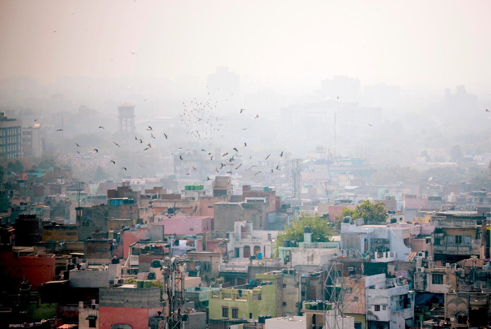 The air over in Delhi, India, is shown as heavily polluted