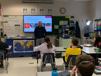 Dr. Marc Michel speaks with 8th-grade Earth Science students at Blacksburg Middle School
