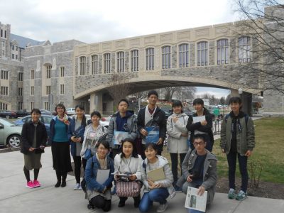Tonya Pruitt with Tochiku High School Students in front of Torgersen Bridge
