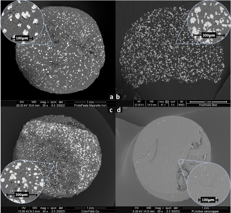 Image of cross-sections of 3D printer filaments that contain metallic additives, visible by backscatter on the SEM